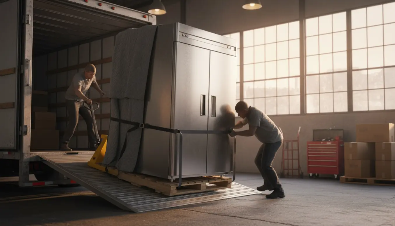 Stort rustfrit industrikøleskab på palles ved læsserampe klar til afhentning.