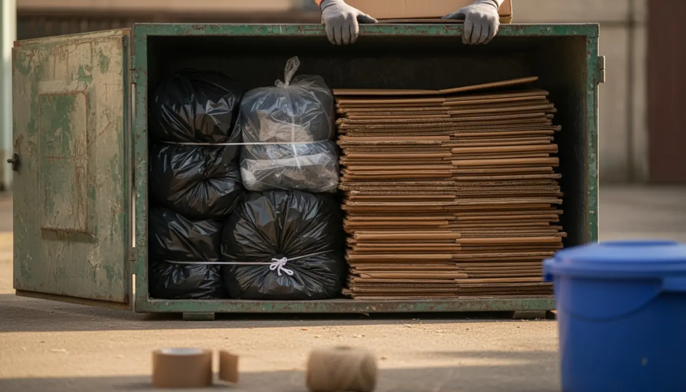 Åben container med sammenfoldet pap og tætsluttede affaldssække klar til afhentning.