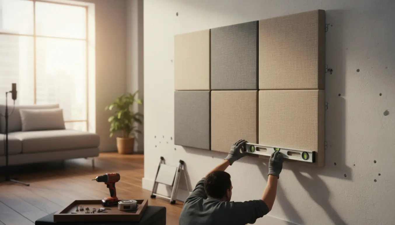 Hænder monterer seks akustikpaneler i en 3x2-opstilling på en stuevæg med værktøj og stige i blødt dagslys.