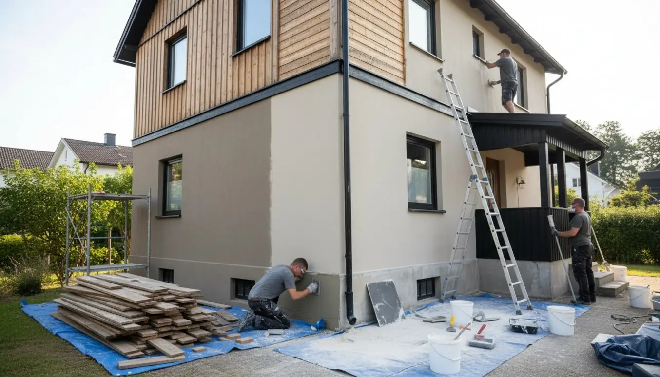 Facaden under renovering med tofarvet maling, sortmalede kældervinduer og fjernet træbeklædning.