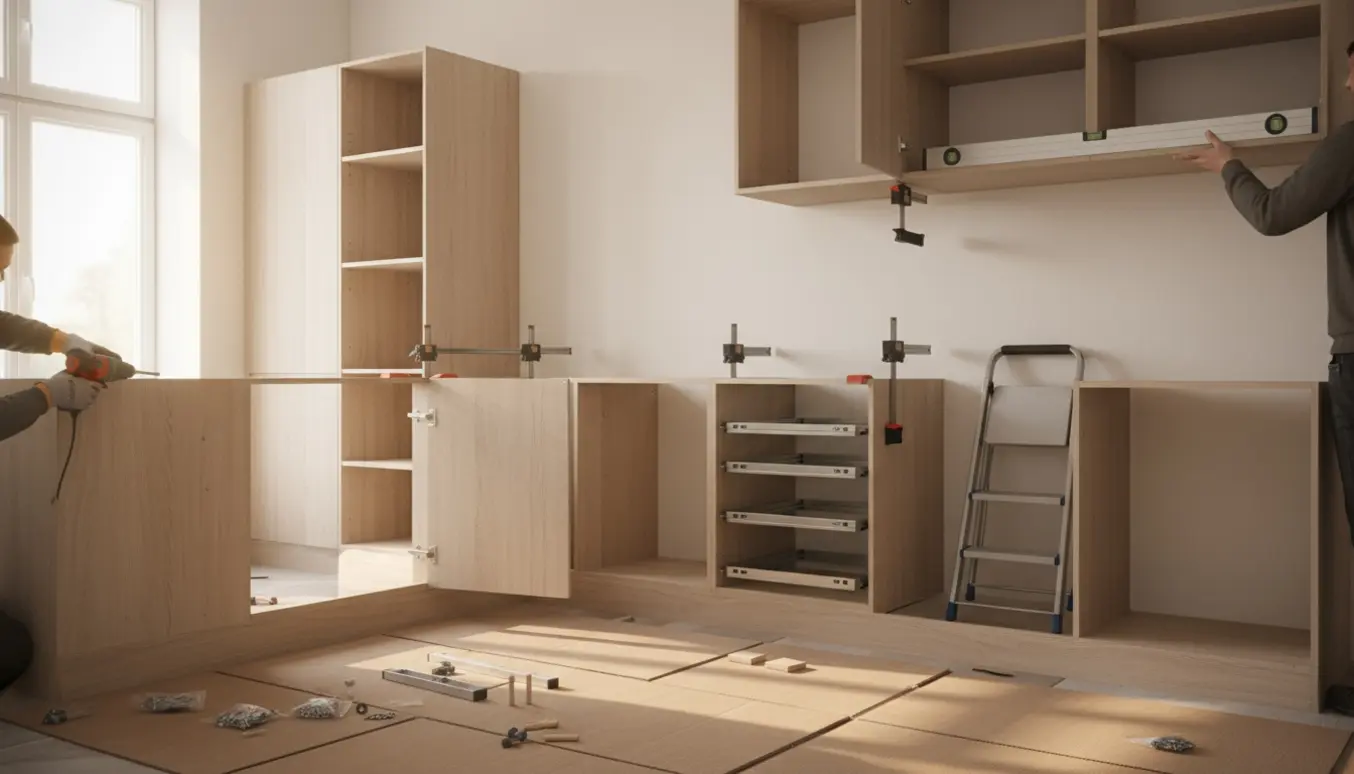 Montage af Ikea-stil køkkenskabe med hænder, der monterer sidepanel og sokkel i et lyst køkken.