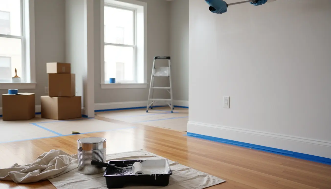Solbelyst lejlighed midt i maling og flytteforberedelser med malergrej, afdækning og nymalede hvide vægge.