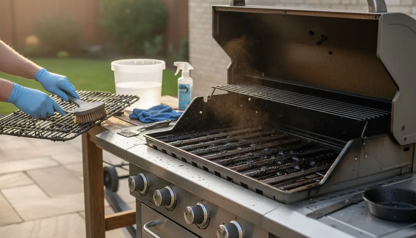 Hænder rengør indersiden af en åben gasgrill med børste, skraber og sæbevand på en bagterrasse.