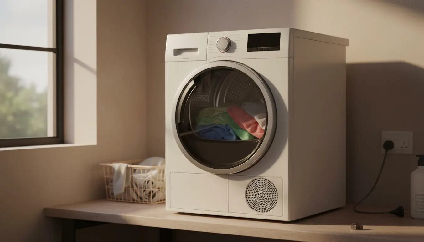 Hænder reparerer en frontbetjent tørretumbler med åben tromle, reservedele og værktøj.