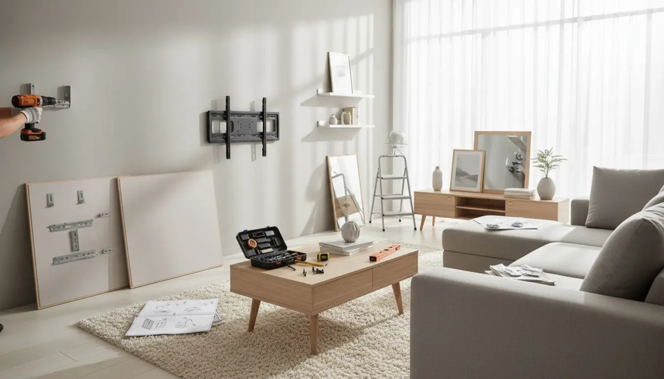 Montage af møbler i en lys stue med værktøj, gloved hænder og delvist samlet sofa.