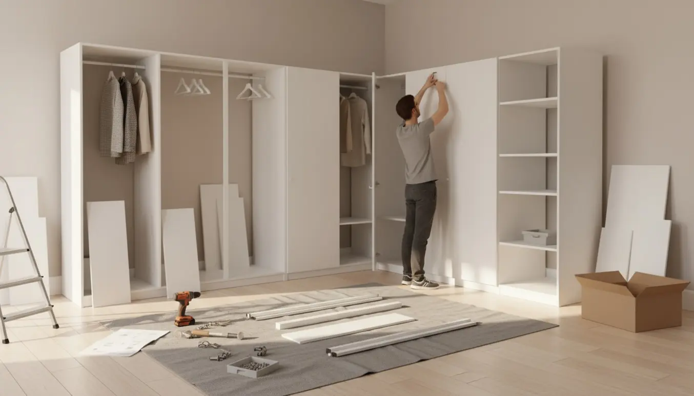 Delvist samlet Pax-garderobe i et hjørne med værktøj og døre klar til montering i et lyst rum.