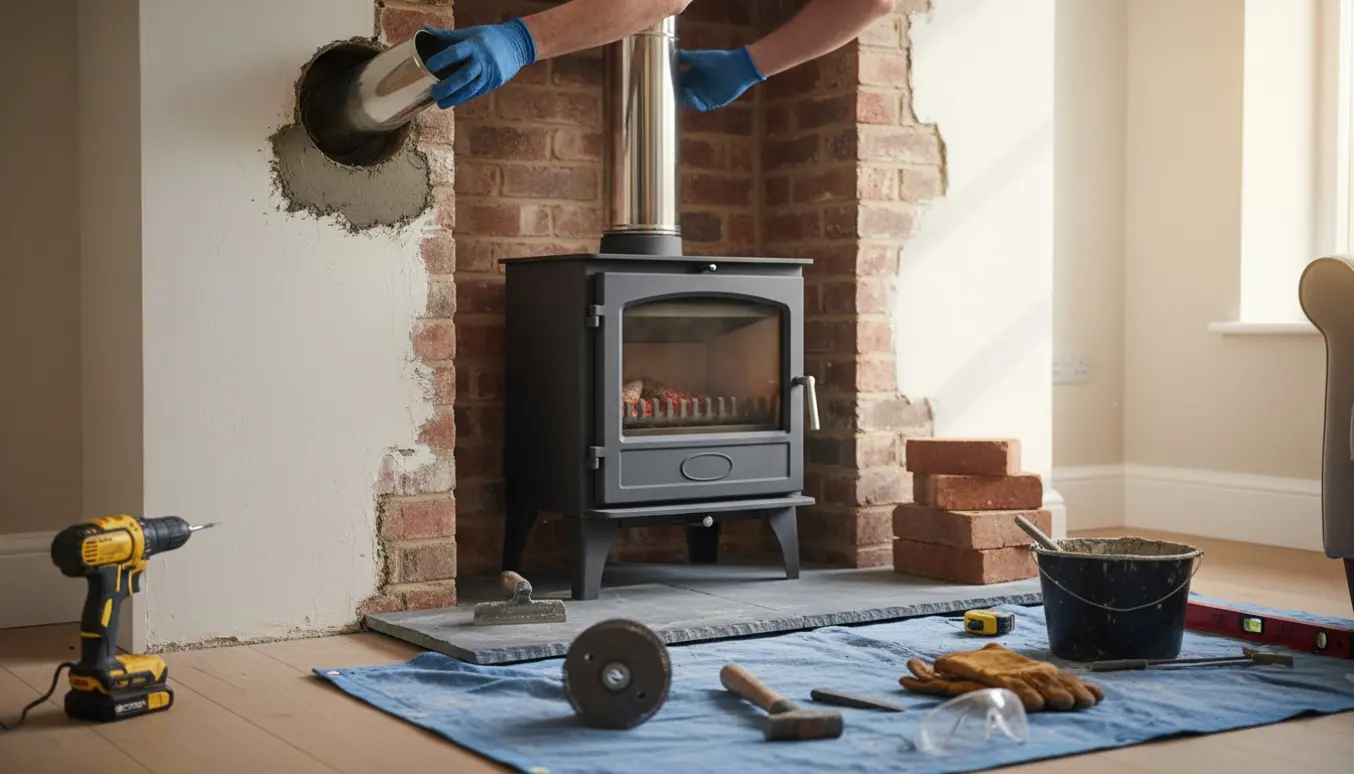 Håndværker fører skorsten gennem nyt hul i væg og lukker det gamle hul, mens en ny brændeovn står klar.