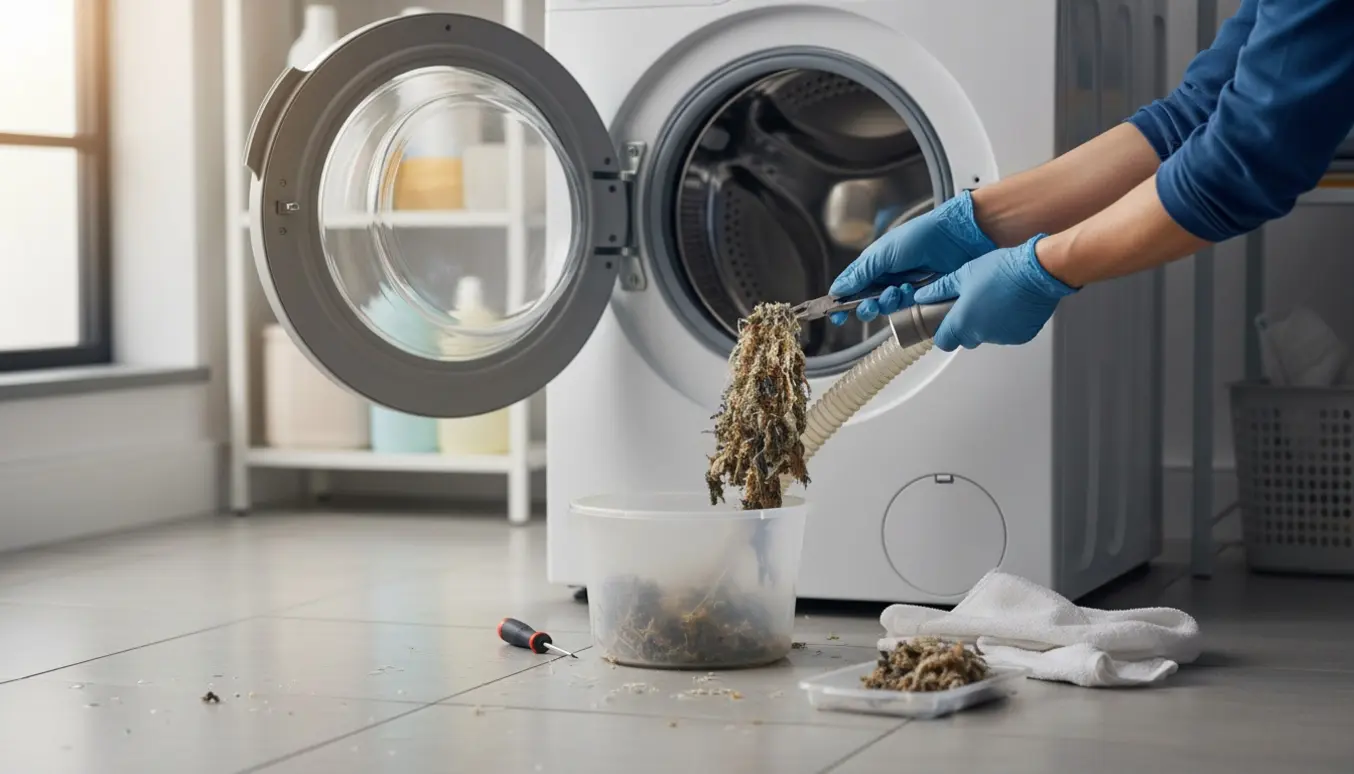 En tekniker fjerner fnug fra afløbsslangen på en frontbetjent vaskemaskine mens vand tømmes i en spand.