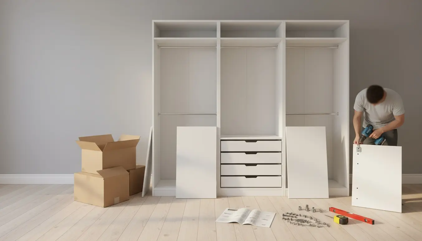 Delvist samlet PAX-lignende garderobeskab med hængslede låger, skuffer og værktøj i et lyst soveværelse.