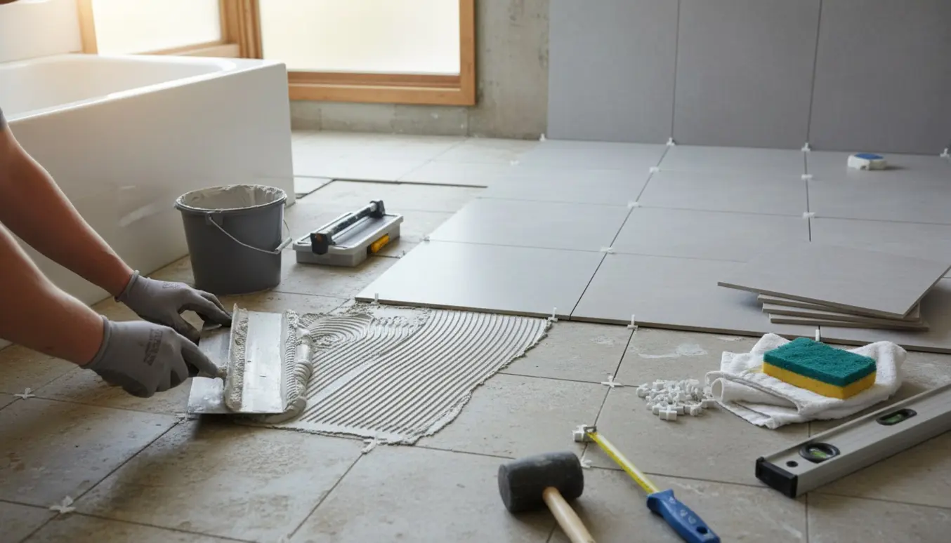 Udsnit af et badeværelse under gulvreparation, hvor nye fliser lægges ovenpå det slidte gulv.