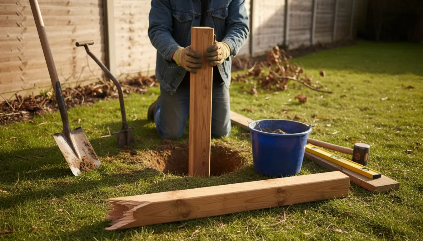 Haver med en knækket træstolpe på græsset og et nyt stolpe klar til at blive sat i hul, omgivet af værktøj.