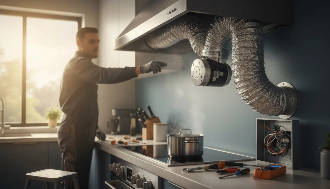 Tekniker inspicerer emhætteforbindelsen til central udsugning i et moderne køkken.