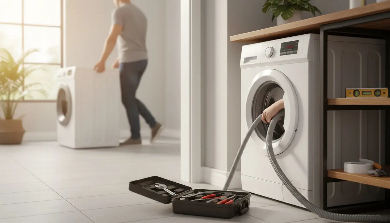 En ny vaskemaskine installeres i et lyst bryggers med værktøj og tilsluttede slanger, mens den gamle maskine fjernes.