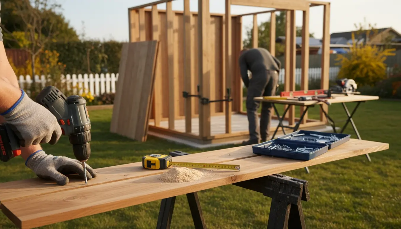 Delvist opført træskur på cirka 14 m² i haven med værktøj og håndværkeres hænder i arbejde.