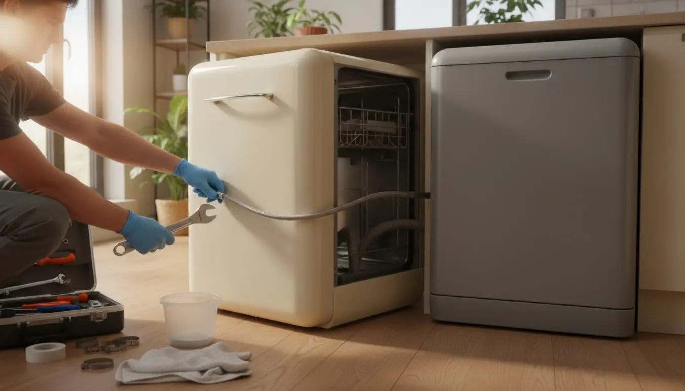 Hænder installerer en ny retro-stil opvaskemaskine i et lyst køkken med værktøj og den gamle maskine ved siden af.