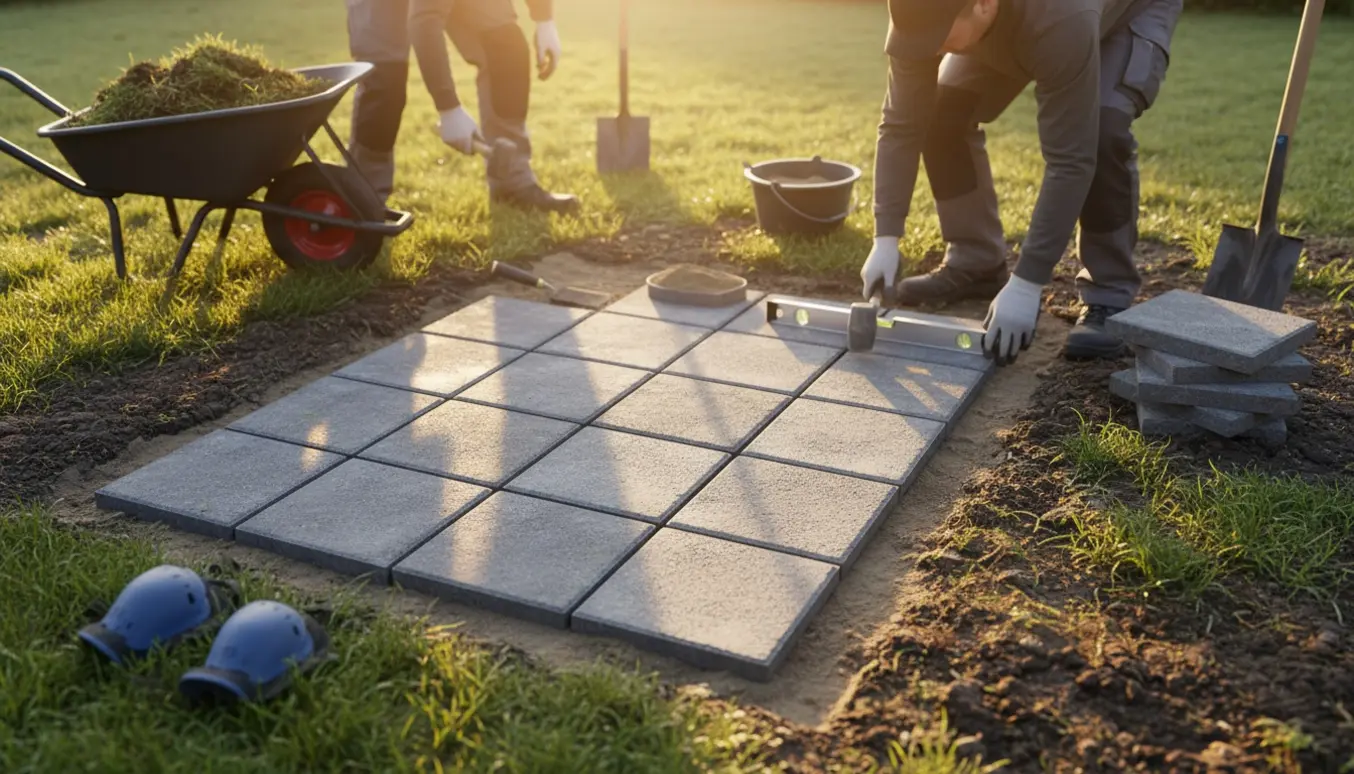 Opgravet lille græsplæne hvor firkantede fliser lægges med værktøj og frisk jord.