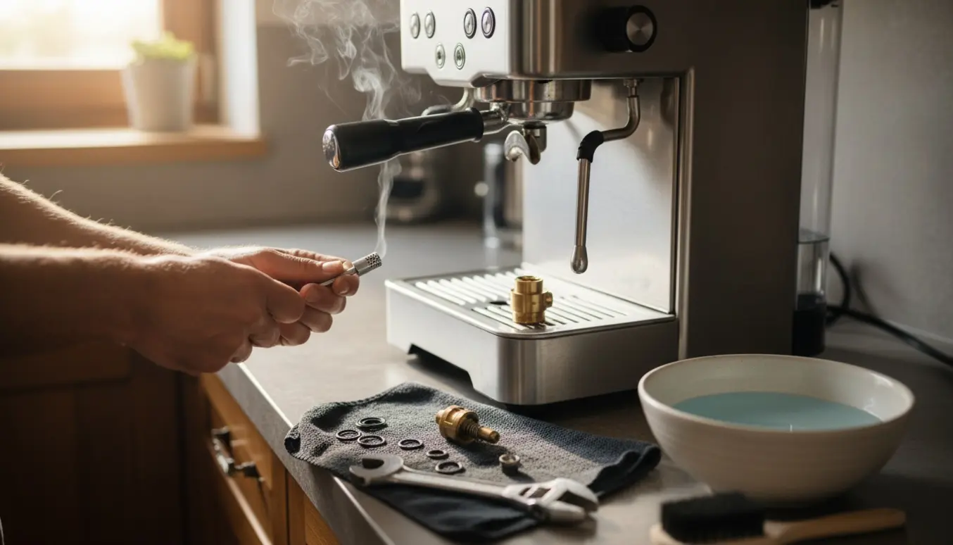 Hænder samler steamstav og ventil på en rustfri espressomaskine med værktøj og afkalkningsskål på køkkenbordet.