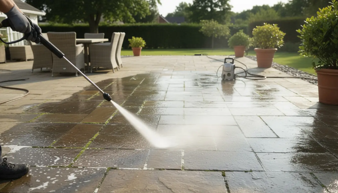 Højtryksspuling af en stor sten terrasse med tydelige rene striber mellem mosgroede fliser.