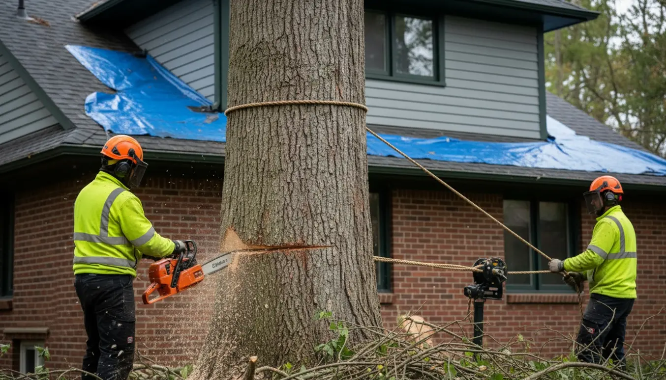 Arborist saver et stort træ tæt på et hus, med tag dækket af presenning og savsmuld på jorden.