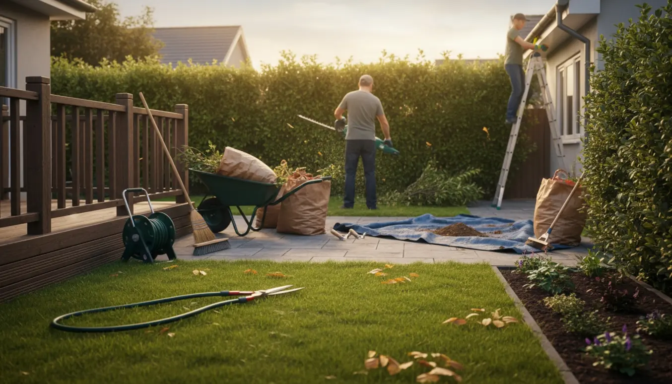 Have med hækklipning, oprydning i trillebør, nysåede blomsterbede og renset terrasse i blødt sollys.