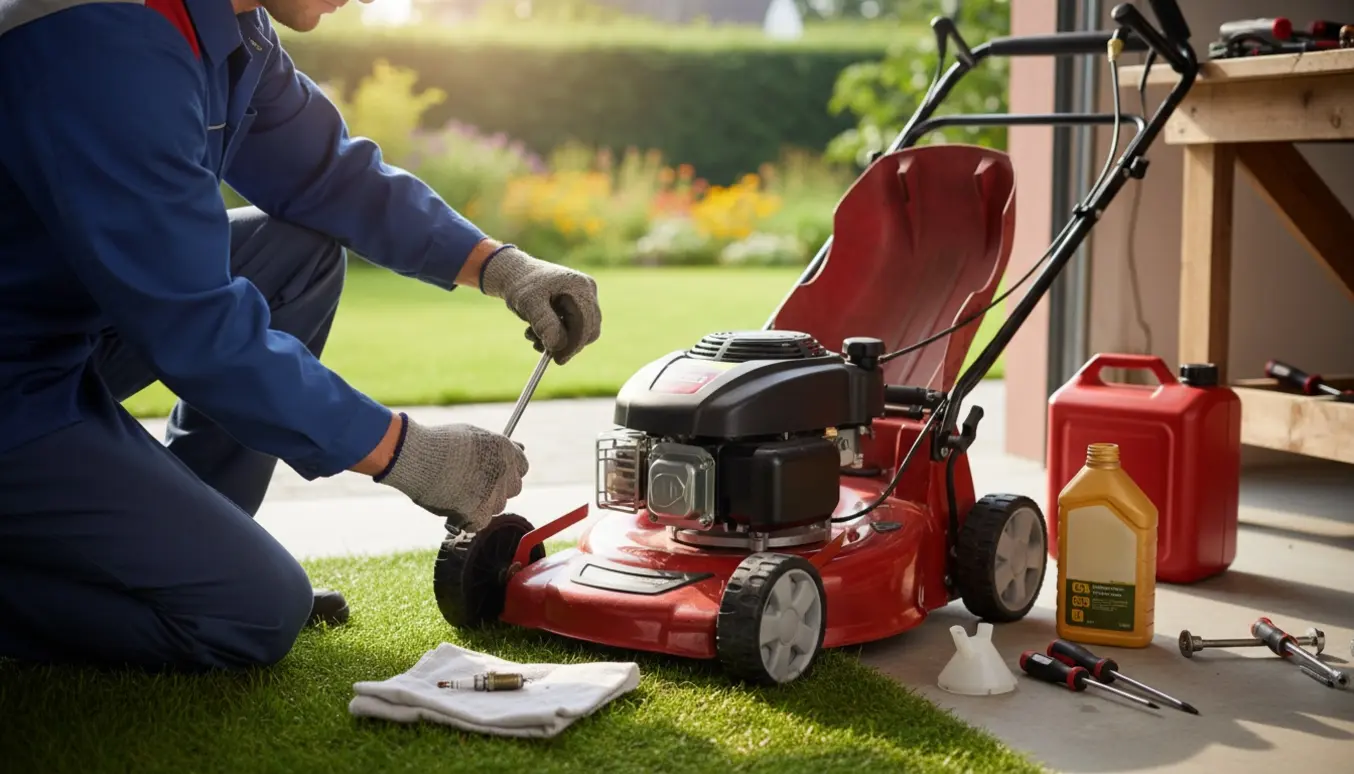 Hænder fjerner tændrør fra en åben græsslåmaskine ved garagen.