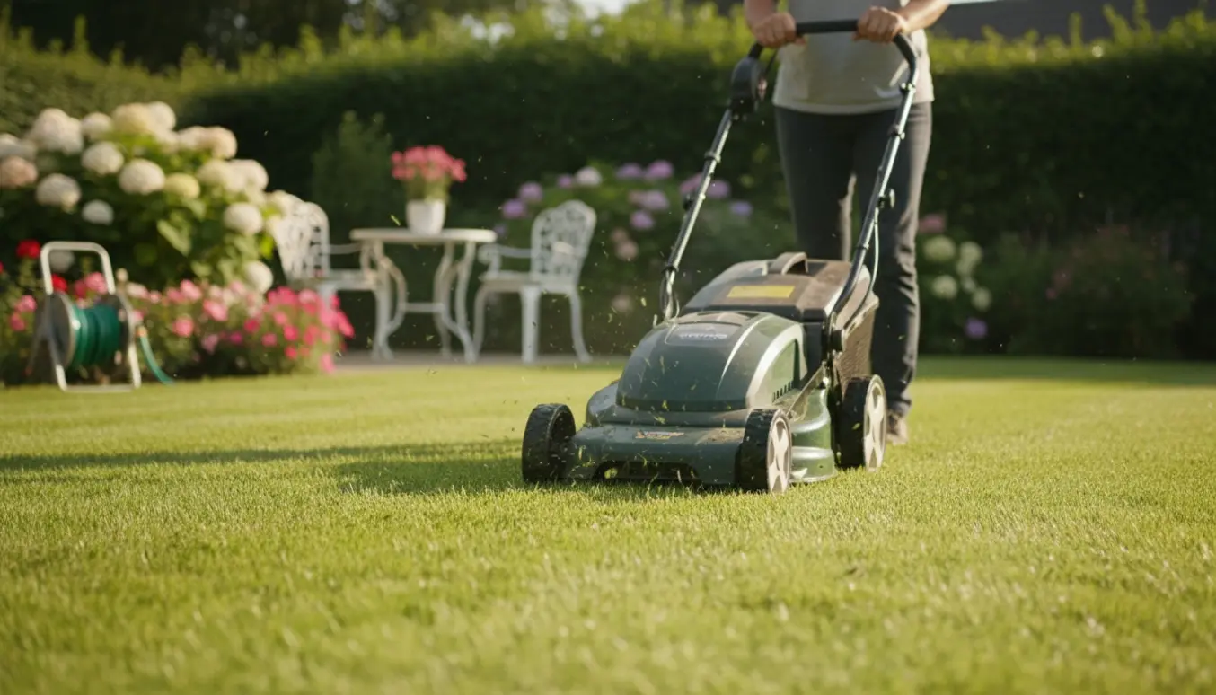 En plæneklipper skærer en overgroet græsplæne i striber på en solrig sommerdag, uden synlige ansigter.