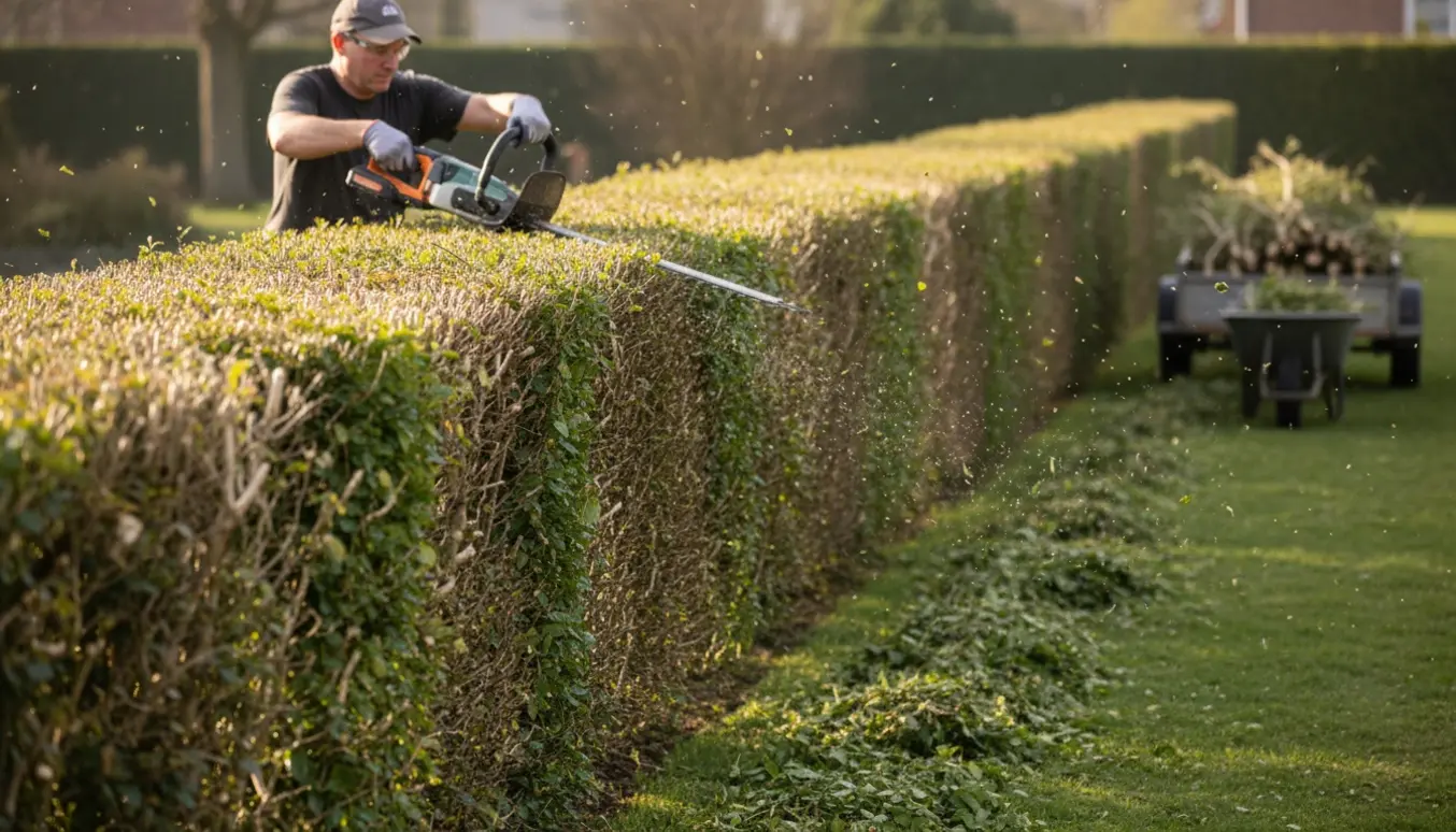 Bøgehæk bliver klippet ca. 30–35 cm ned med hækkeklipper, afklip samlet ved en trailer.