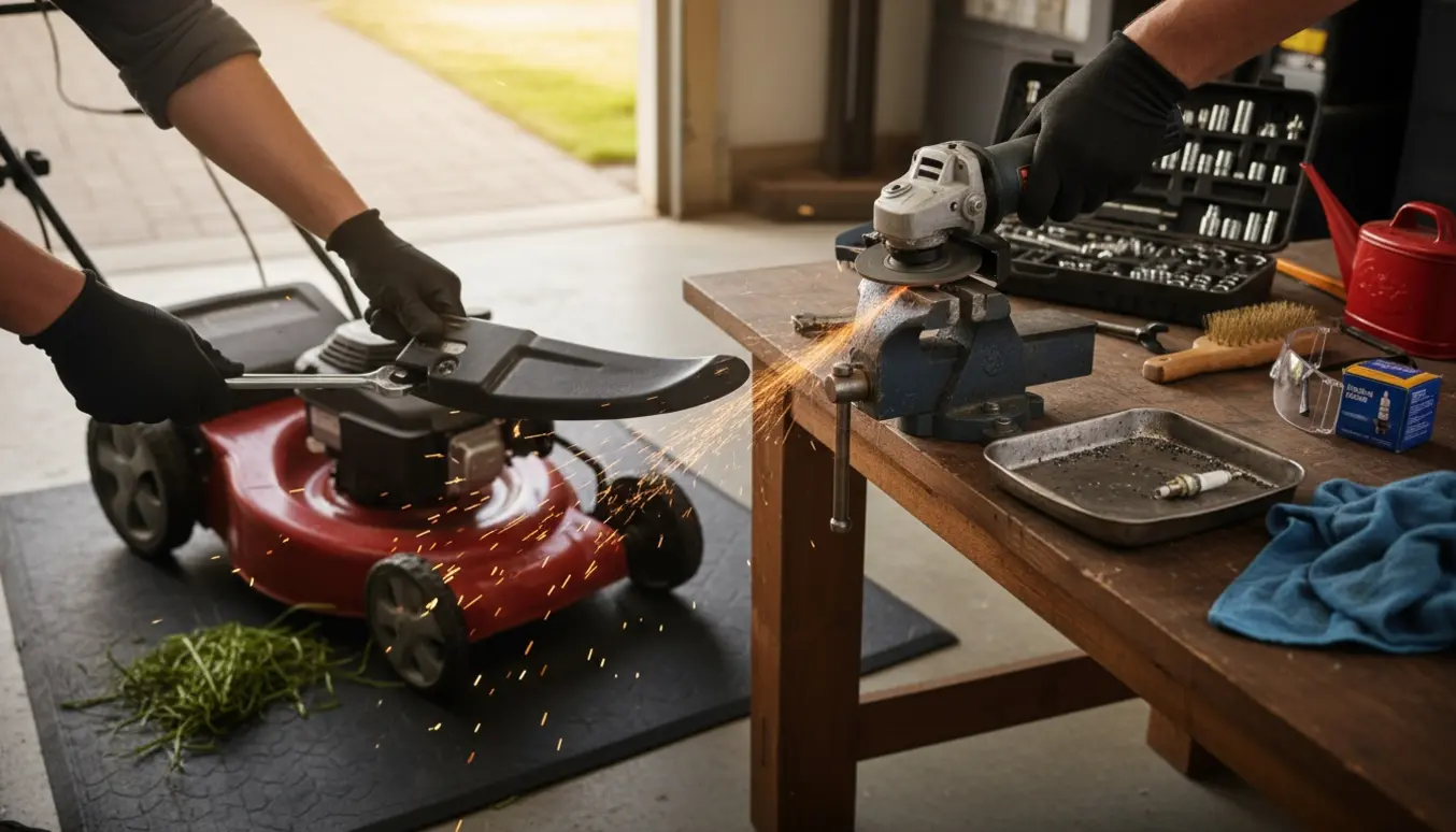 Hænder i arbejdshandsker fjerner og sliber en plæneklipperkniv i en garage med værktøj og oliedåse.
