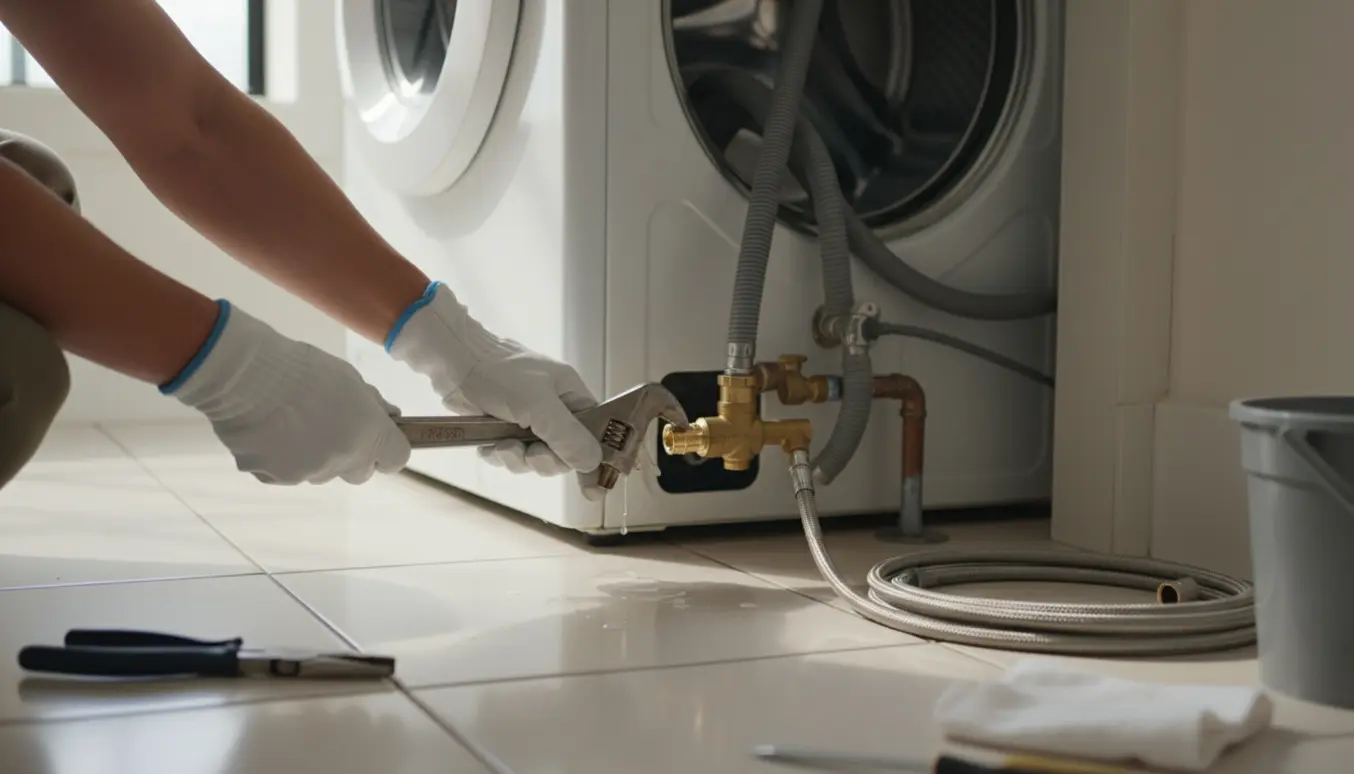 Hænder monterer en lille afspærringsventil på vandrør bag en udtrukket vaskemaskine i et lyst bryggers.