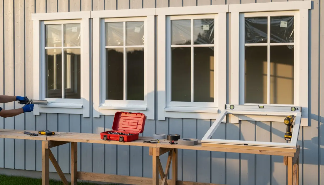 Udskiftning af fem vinduer på en husfacade med hænder, fugepistol og værktøj.