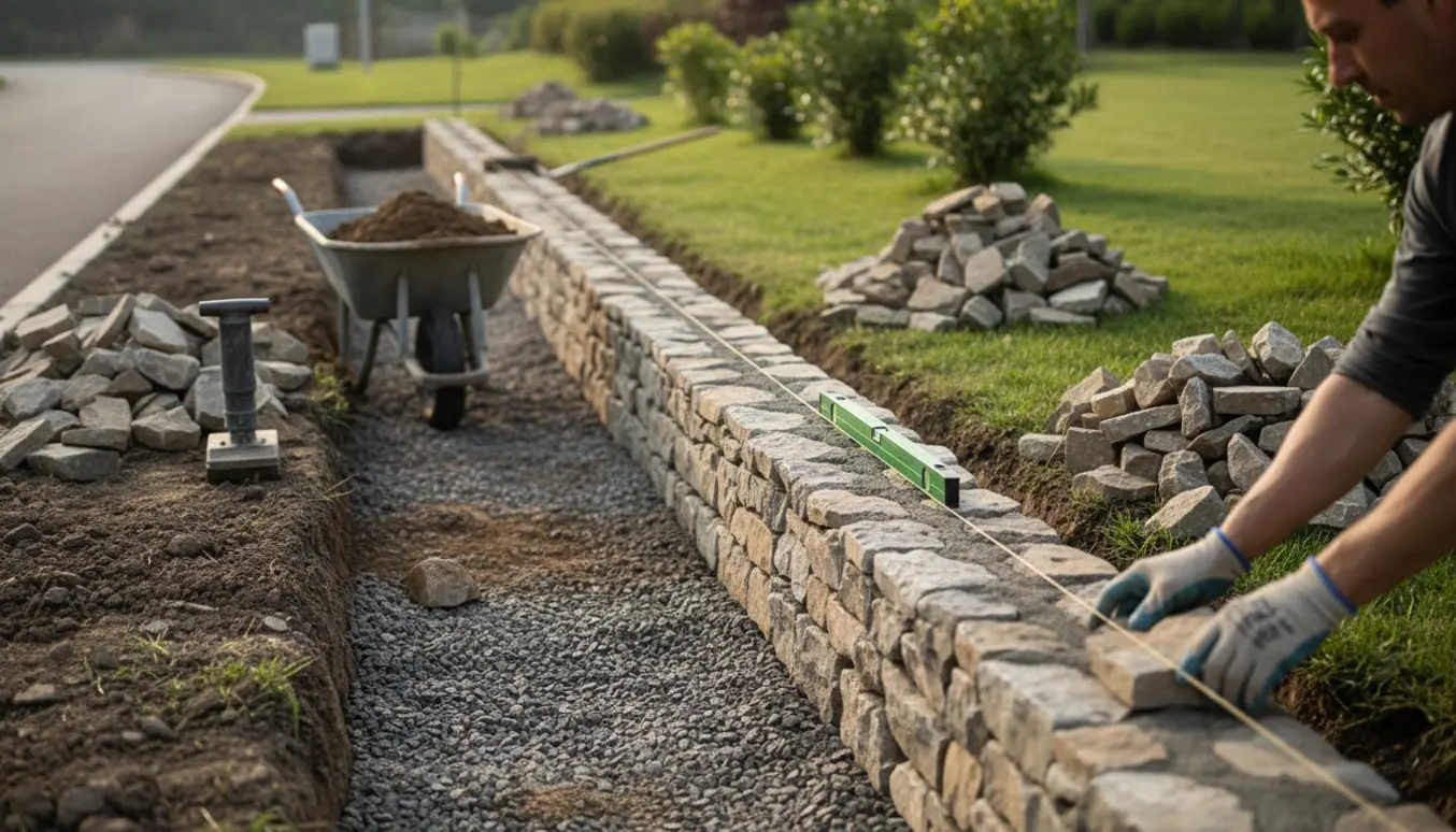 Nærbillede af en støttemur i haven under opbygning med stablede sten, gravet rende og værktøj ved vejadgang.