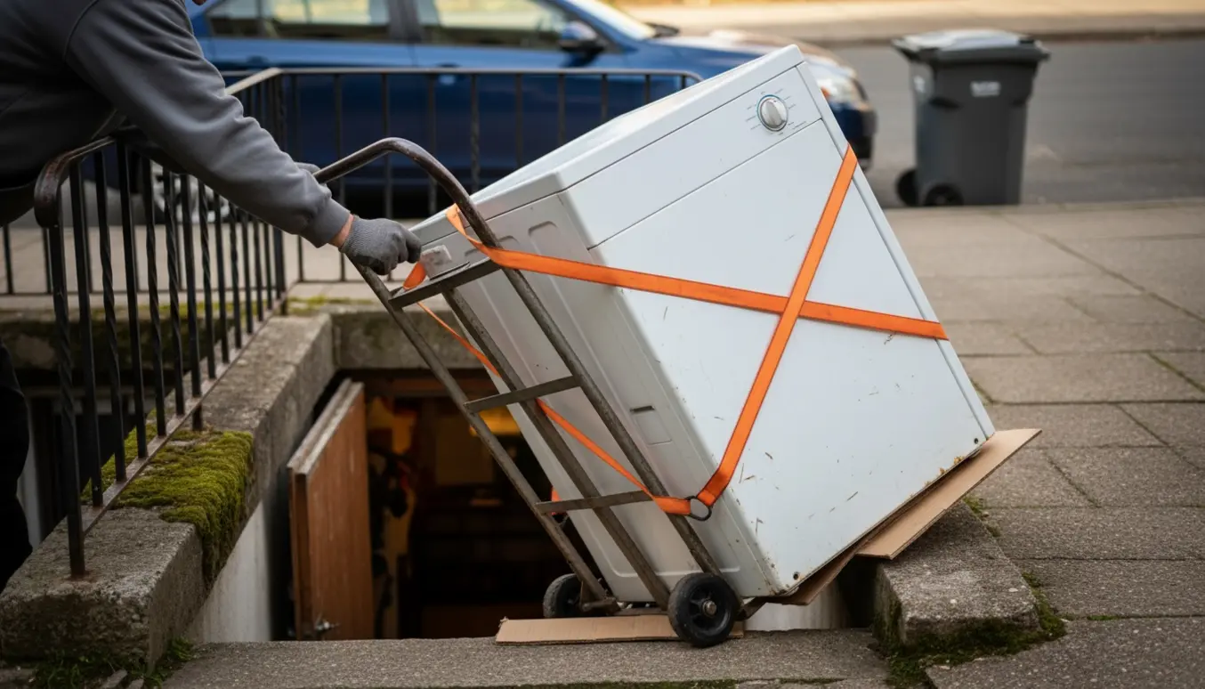 En vaskemaskine bringes op ad kældertrappen på en sækkevogn mod fortovet til genbrug.