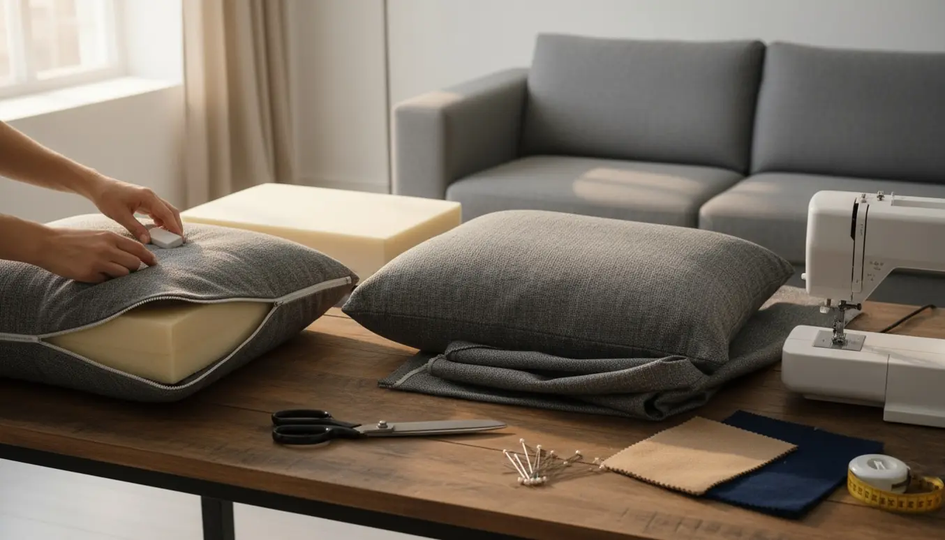 Nærbillede af ombetrækning af sofahynder med synlig lynlås, nyt møbelstof og værktøj i varmt dagslys.