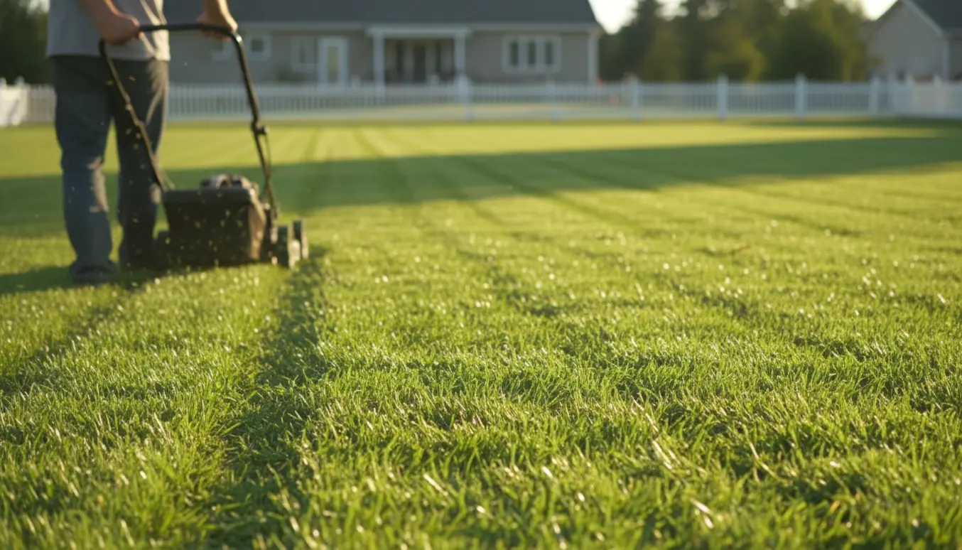 En person slår græsset på et fladt, rektangulært areal med en håndskubbet plæneklipper, ansigtet er ikke synligt.