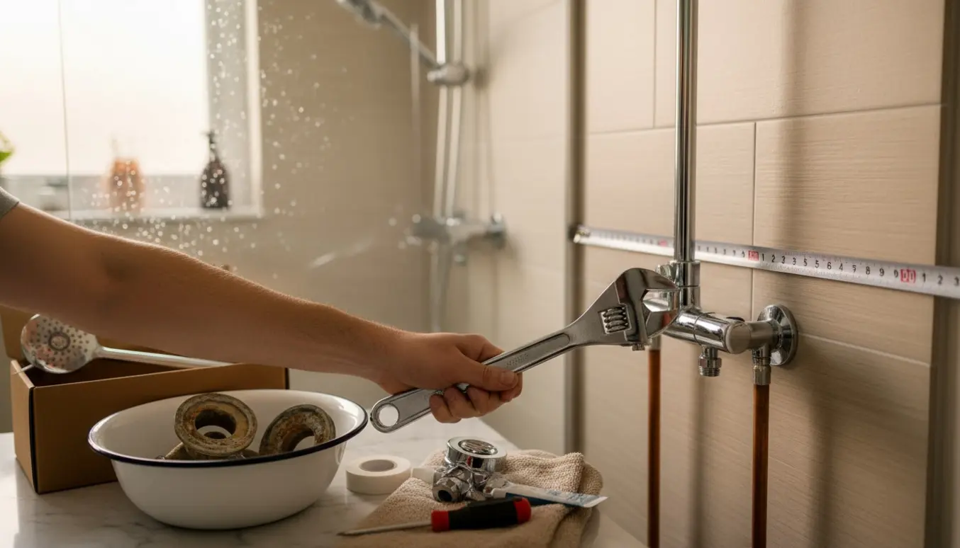 Hænder installerer et nyt krom brusearmatur i et lyst badeværelse med værktøj og det gamle armatur ved siden af.