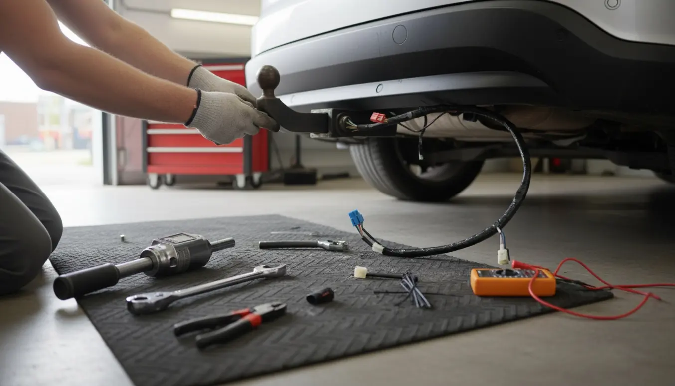 Nærbillede af montering af aftageligt anhængertræk og ledningsnet på bagenden af en Ford S‑Max, værktøj og hænder i fokus.