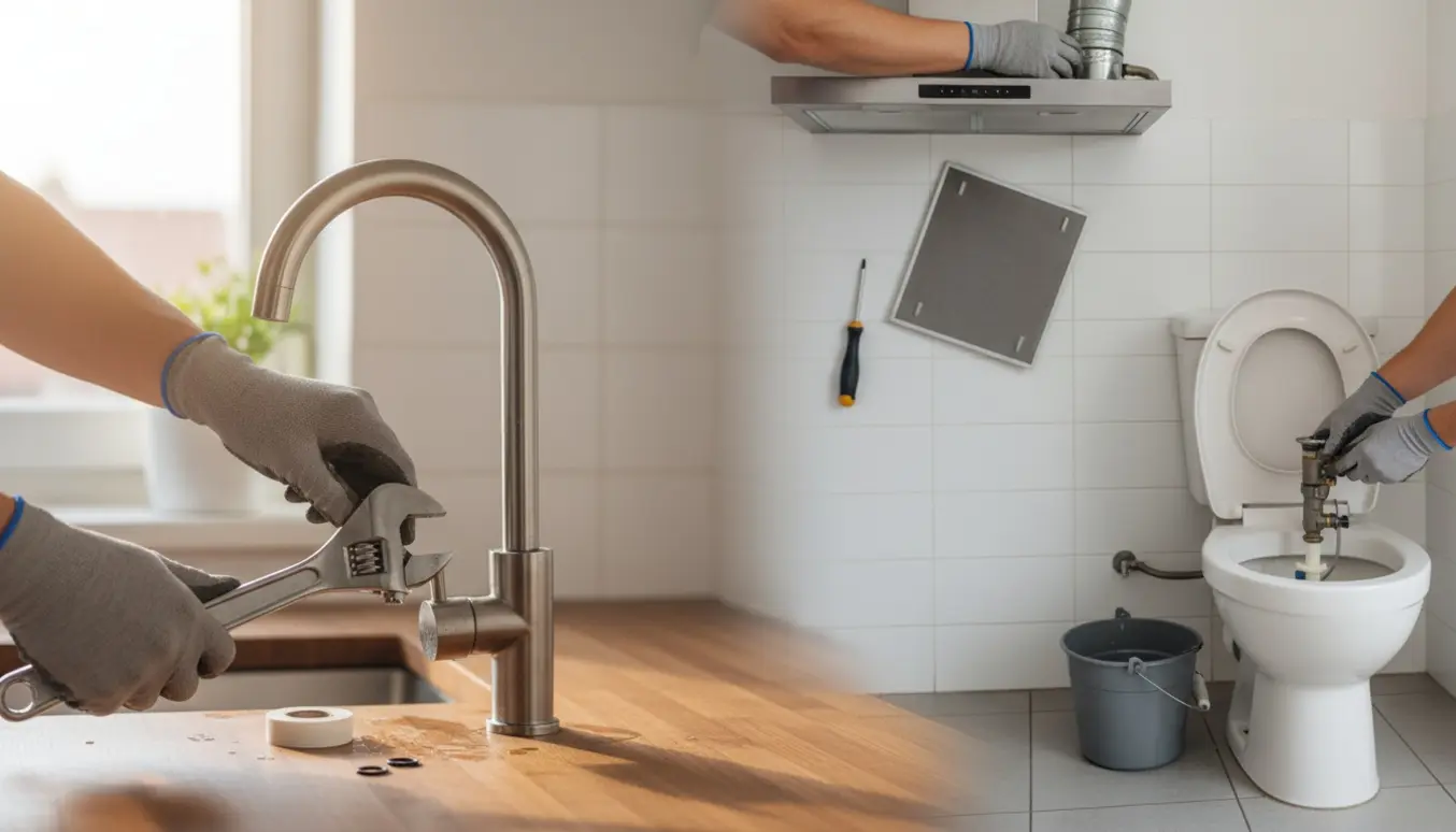 Hænder reparerer køkkenhane, toiletskyl og emhætte i et lyst, moderne hjem.