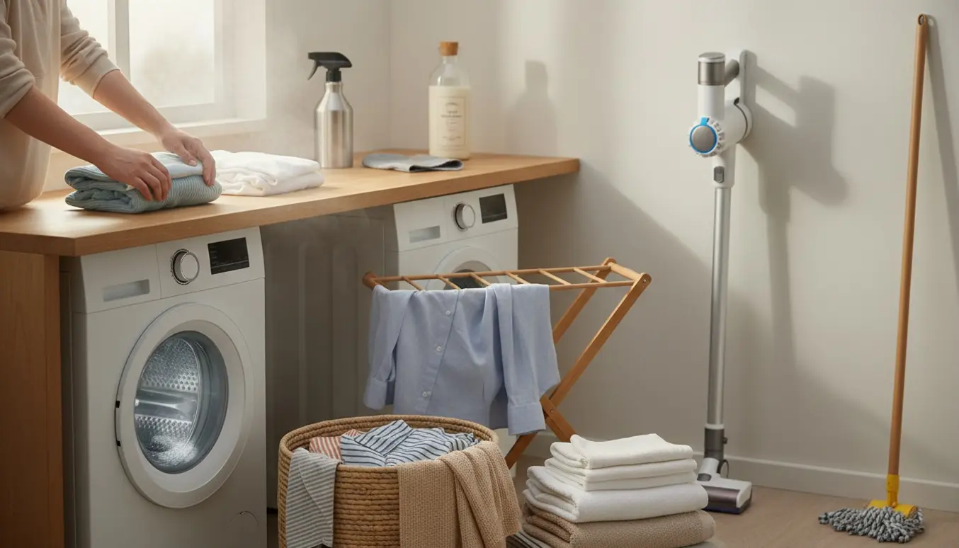 Hænder folder rent vasketøj ved en oplyst vaskemaskine med vasketøjskurv og rengøringsmidler i baggrunden.