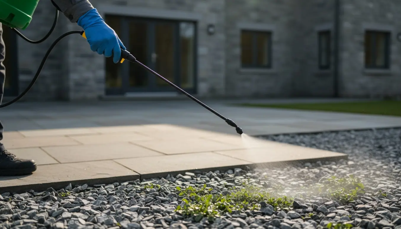En person sprøjter ukrudt væk fra granitgrus og stenbelægning omkring et hus.