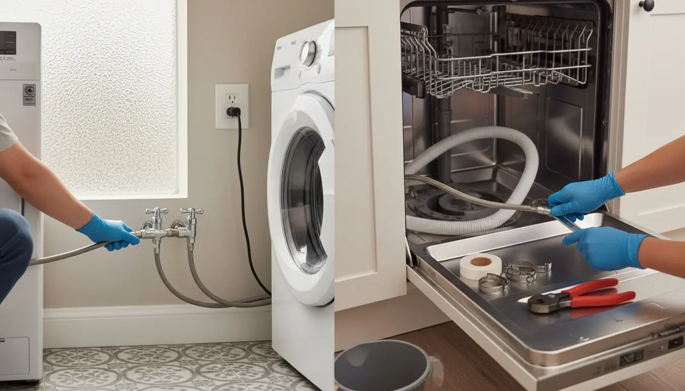Tekniker forbinder vaskemaskine i badeværelse og opvaskemaskine i køkken med slanger, ventiler og værktøj.