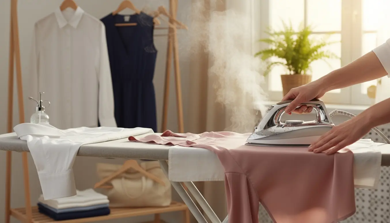 Nærbillede af en dampstrygejern, hænder stryger en silkebluse på et strygebræt med færdigstrøgne skjorter og kjole i baggrunden.