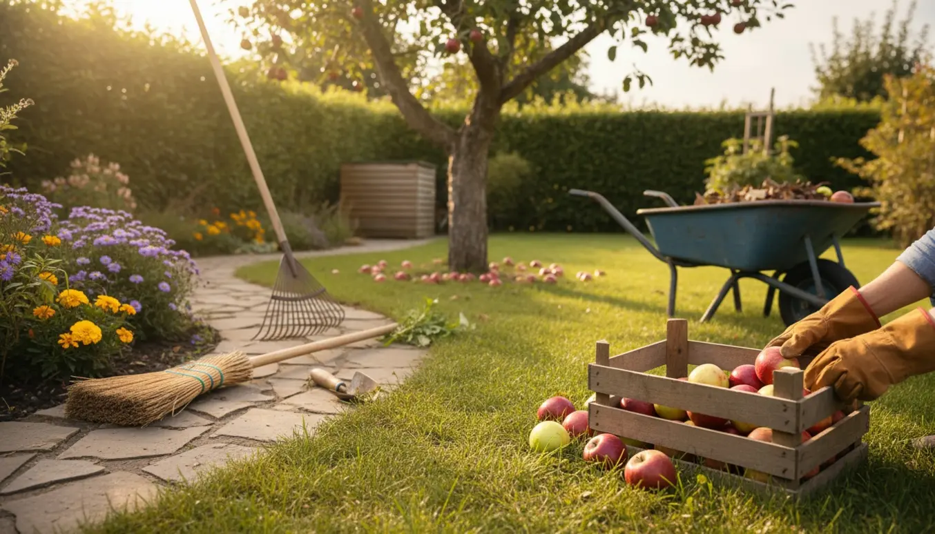 Hænder i handsker samler nedfaldsæbler i en trækasse ved en havegang med kost og rive i baggrunden.