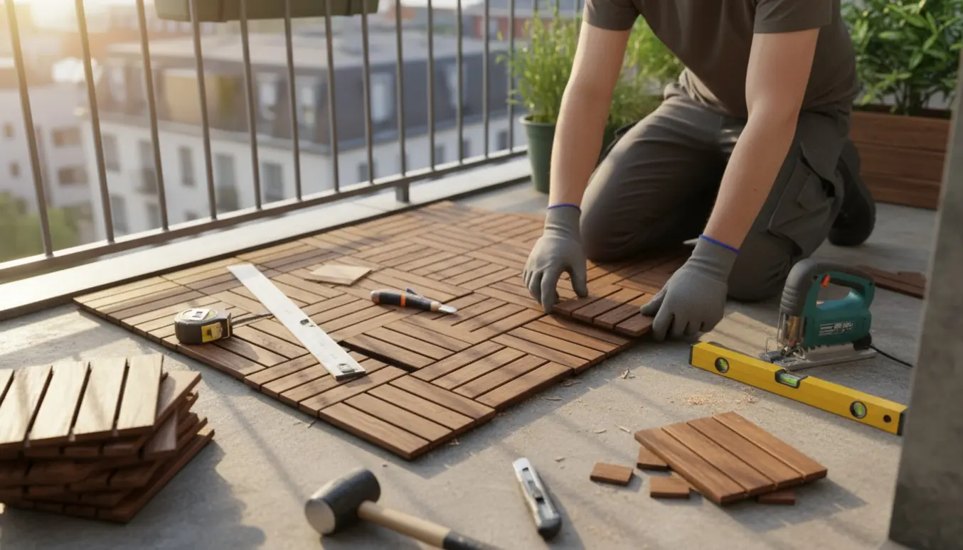 Hænder lægger Ikea træfliser på en lille altan med værktøj og afskårne brikker.