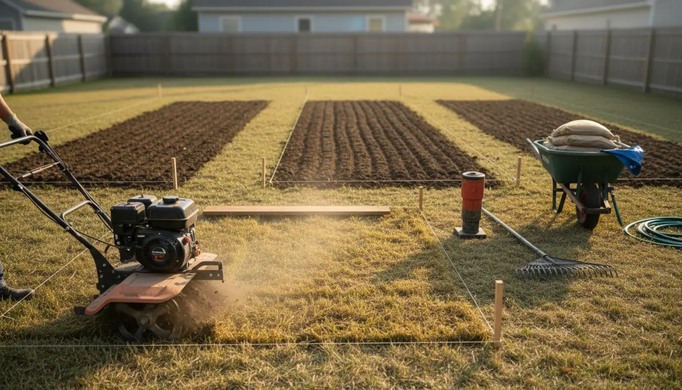 En fræser vender tre rektangulære nedvisnede græsplæner i en baghave, omgivet af rive, planeringsbræt og trillebør.
