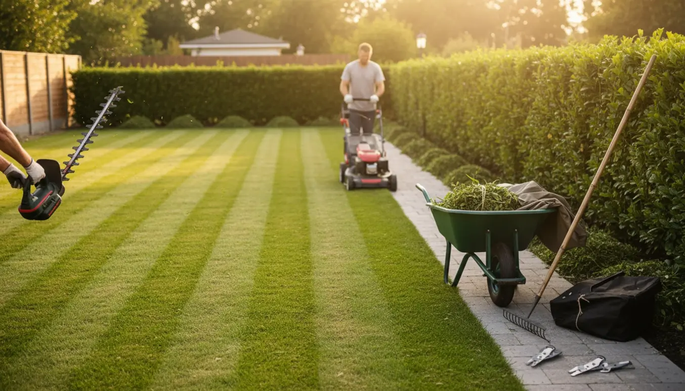 Nyklippet græsplæne med tydelige striber og en nyslået 20 m hæk, haveredskaber og en arbejder fotograferet bagfra.