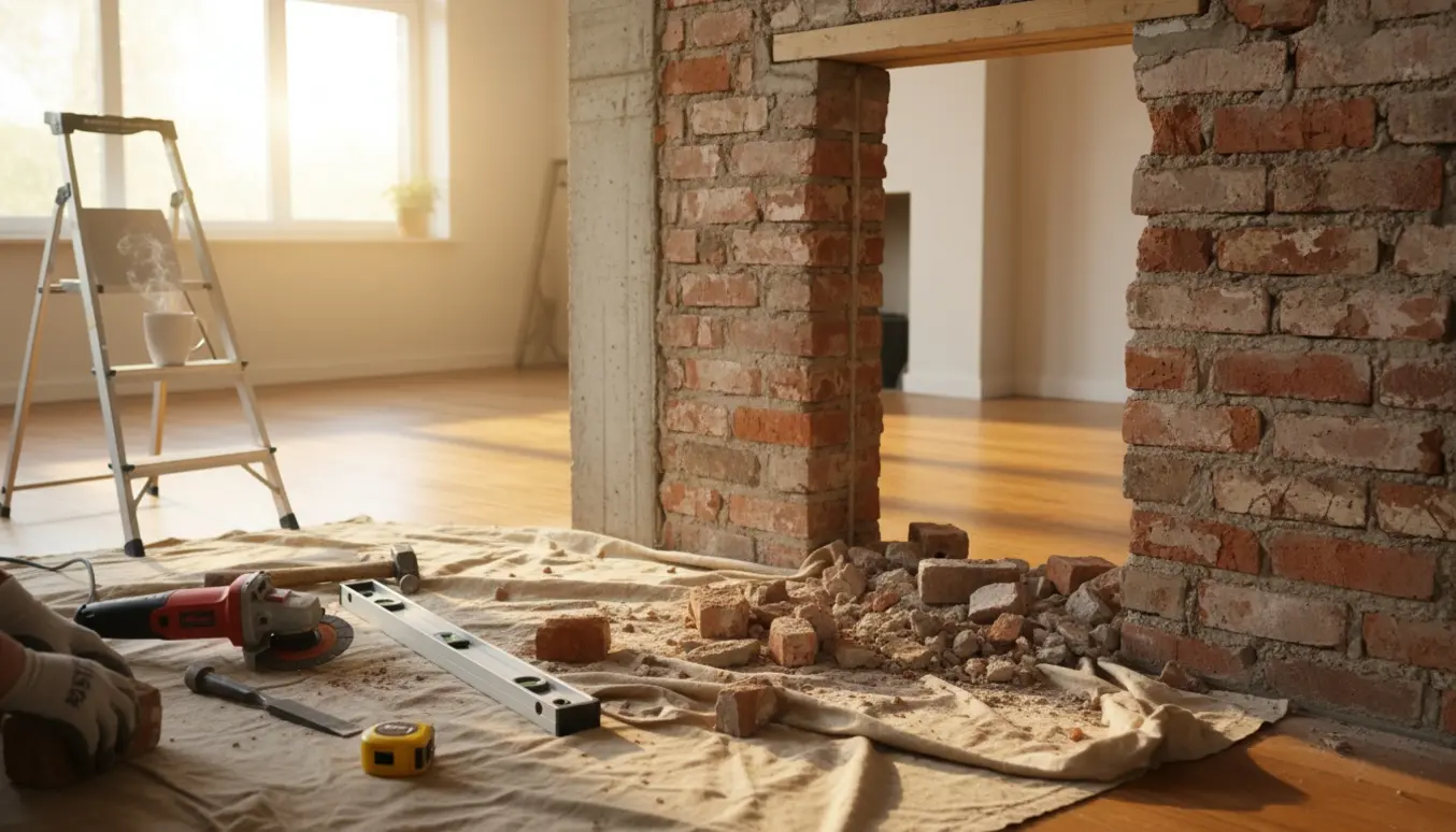 Halvfærdigt dørhul i en indvendig muret væg mellem entre og stue med værktøj og en kop kaffe på afdækning.