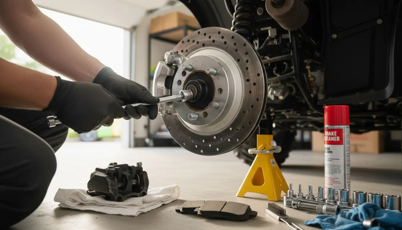 Nærbillede af en ATV bagaksel under udskiftning af bremseklodser og kaliber med værktøj og nye dele klar.