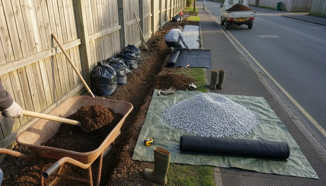 Opgravning af en smal rabat langs hegn med fjernet jord, udrullet ukrudtsdug og granitskærver klar til udlægning.