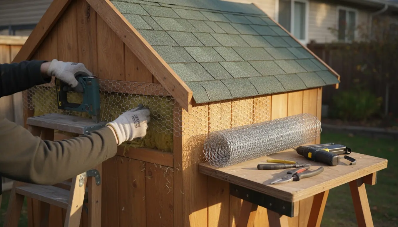 Hænder monterer metalnet langs tagrenden og soklen på et lille isoleret skur for at forhindre mus.
