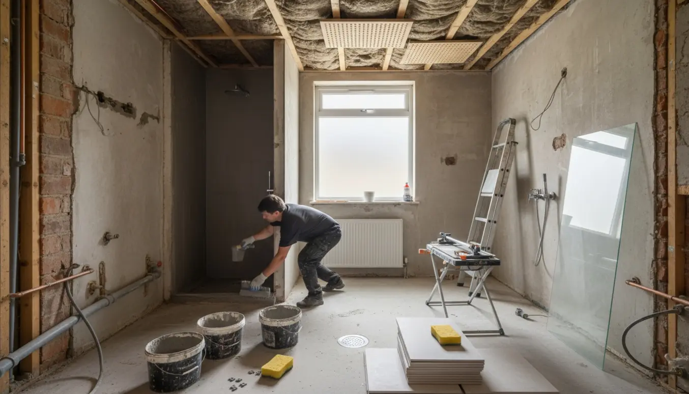 Igangværende badeværelsesrenovering med vådrumsmembran, fliser, mineraluld i loftet og afmonteret toilet og håndvask.